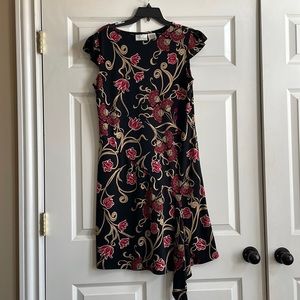 Black dress with burgundy and gold floral design. Size- large. Brand- Kathie Lee